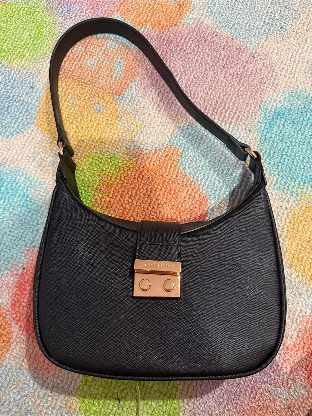 Anne Klein Black Leather Shoulder Bag with Rose Gold Accent